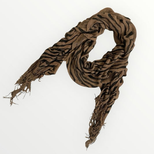 Brown and Black Zebra Striped Soft Knit Ruffled Scarf with Fringe