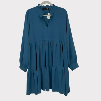 NWT Ella Pearl Ruby Jane Dusty Blue Long Sleeve Woven Notched Tier Dress