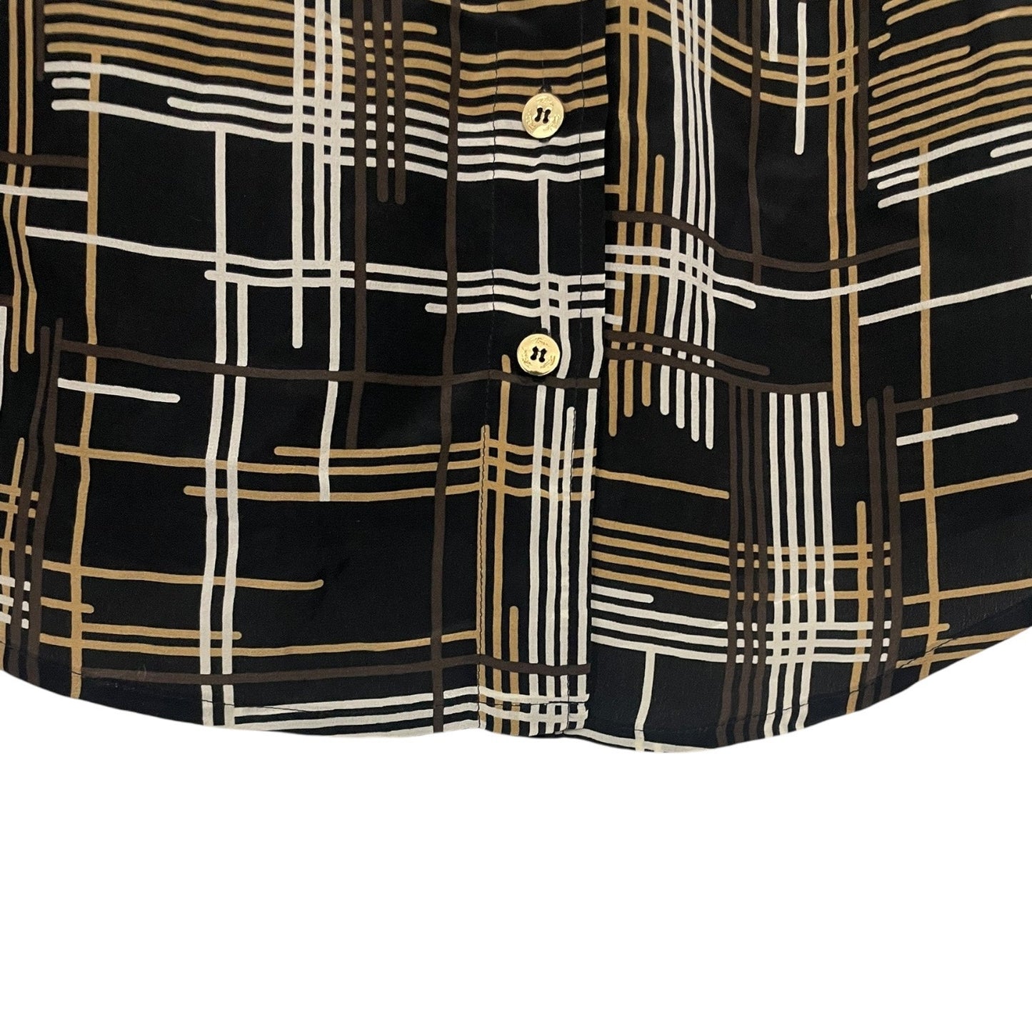 Trina Turk Black & Brown Silk Long Sleeve Button Down Tie Neck Blouse