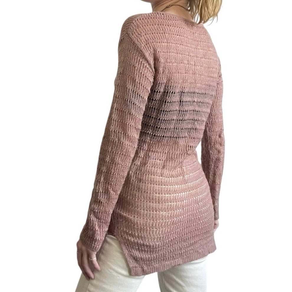 Frenchi Shimmery Pink Long Sleeve Loose Knit Long Blouse