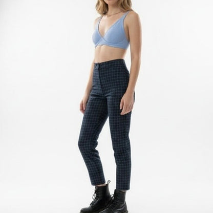 Nasty Gal Navy Blue & White Grid Check High Rise Cuffed Trousers
