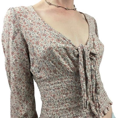 American Eagle Floral Long Sleeve Tie Front V-Neck Ruched Blouse