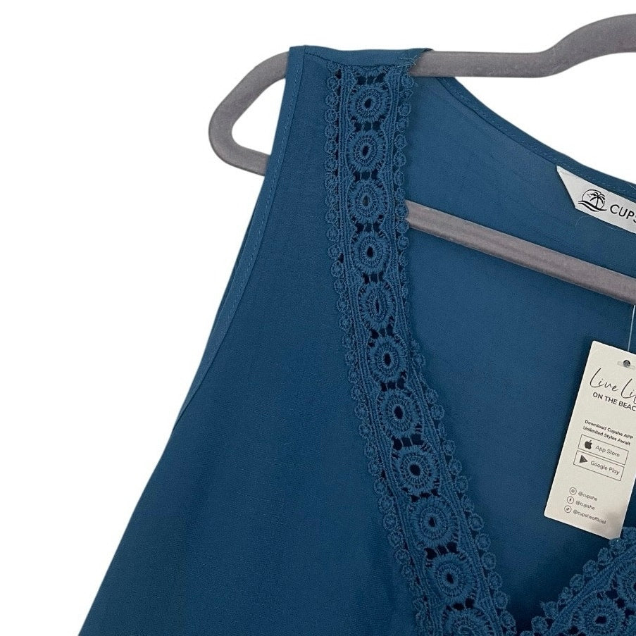 NWT Cupshe Sheer Blue Lace Trim Tiered Mini Dress