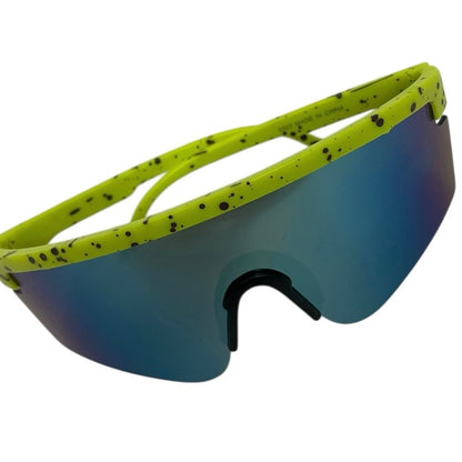 Neon Yellow & Black Splatter Frame Blue Lens Shield Sunglasses