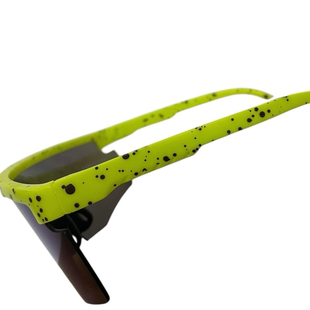 Neon Yellow & Black Splatter Frame Blue Lens Shield Sunglasses