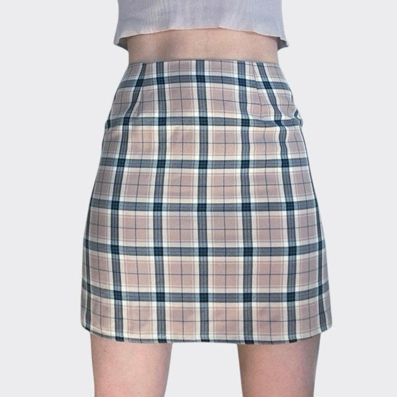 Nasty Gal Light Pink & Blue Plaid Mini Pencil Skirt