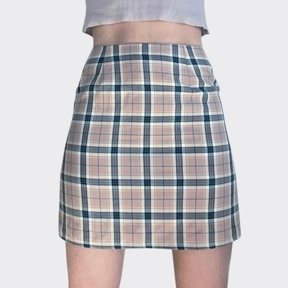 Nasty Gal Light Pink & Blue Plaid Mini Pencil Skirt