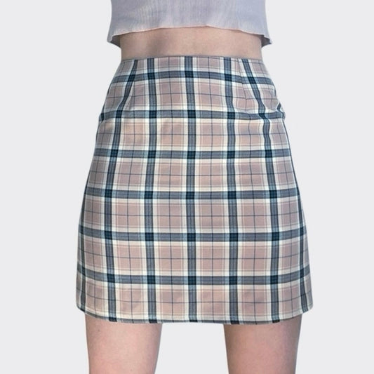Nasty Gal Light Pink & Blue Plaid Mini Pencil Skirt