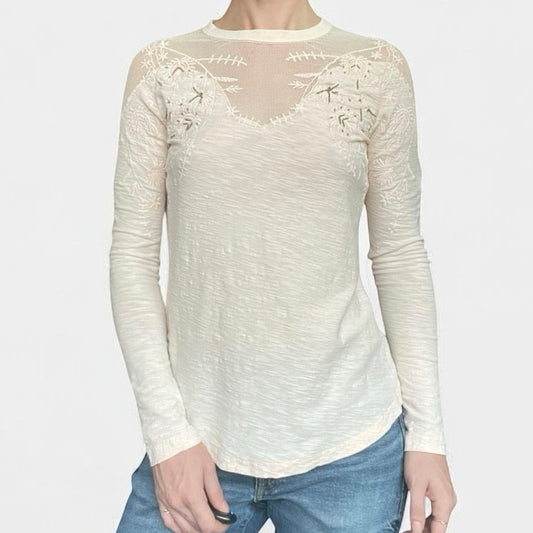 Free People Light Pink Mesh Embroidered Long Sleeve Blouse