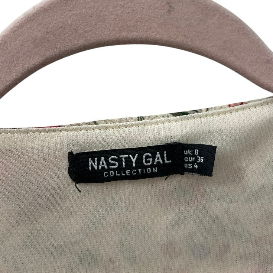 Nasty Gal Cream & Red Floral Hi-Low Tiered Cutout Tie Front Midi Dress