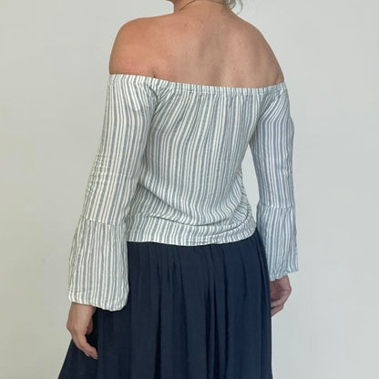 LA Hearts Striped Embroidered Rose Off the Shoulder Bell Sleeve Blouse
