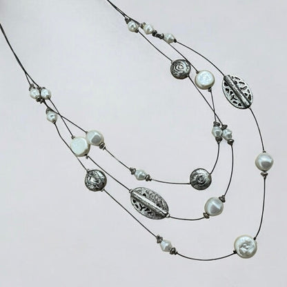 Vintage Silver & Pearl Beaded Layered Necklace