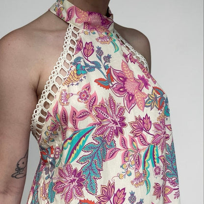 NWT Cupshe Boho Botanical Crochet Trim Halter Neck Mini Dress