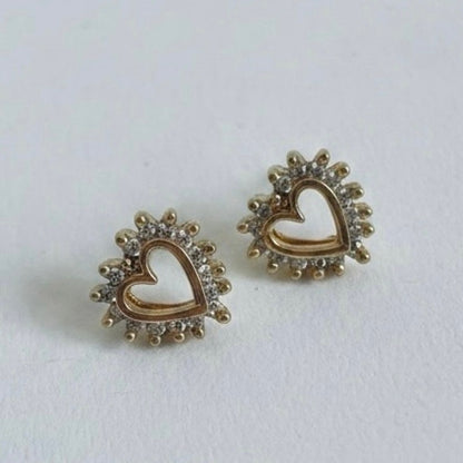 Vintage Gold Tone Open Heart Rhinestone Stud Earrings