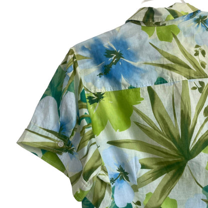 Caribbean Joe Woman Green Tropical Short Sleeve Button Down Blouse