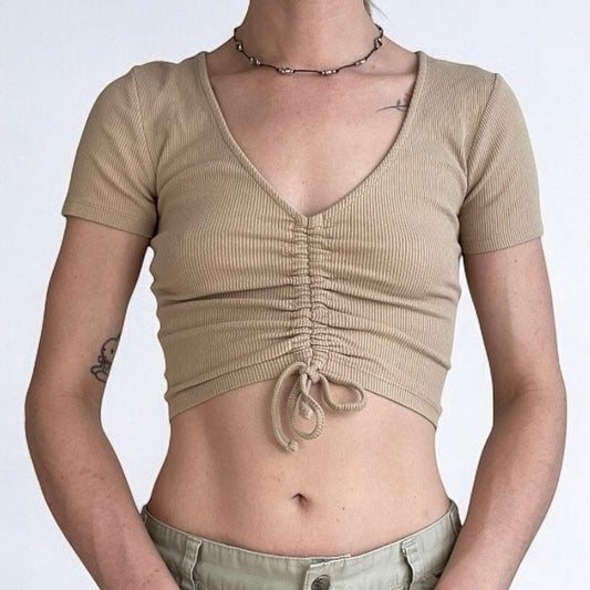 Beige Ribbed Cinched Short Sleeve Cropped Top