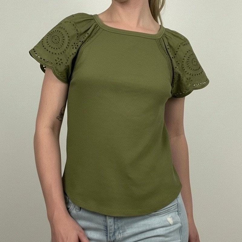 LOFT Olive Green Short Eyelet Puff Sleeve Ribbed Blouse
