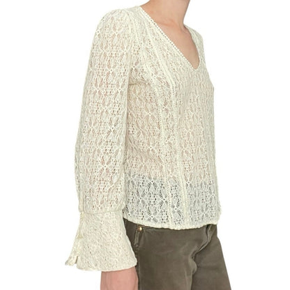 Hinge Sheer Lace Cream Boho Long Bell Sleeve V-Neck Blouse