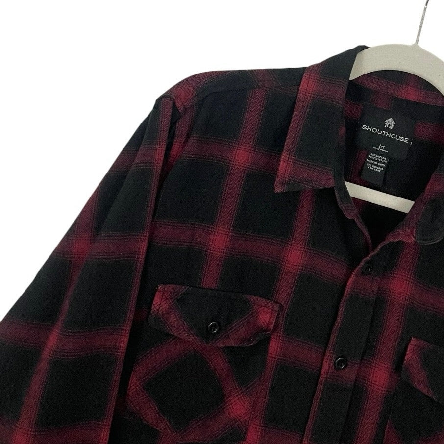 Shouthouse Mens Red & Black Plaid Long Sleeve Button Down Flannel Shirt