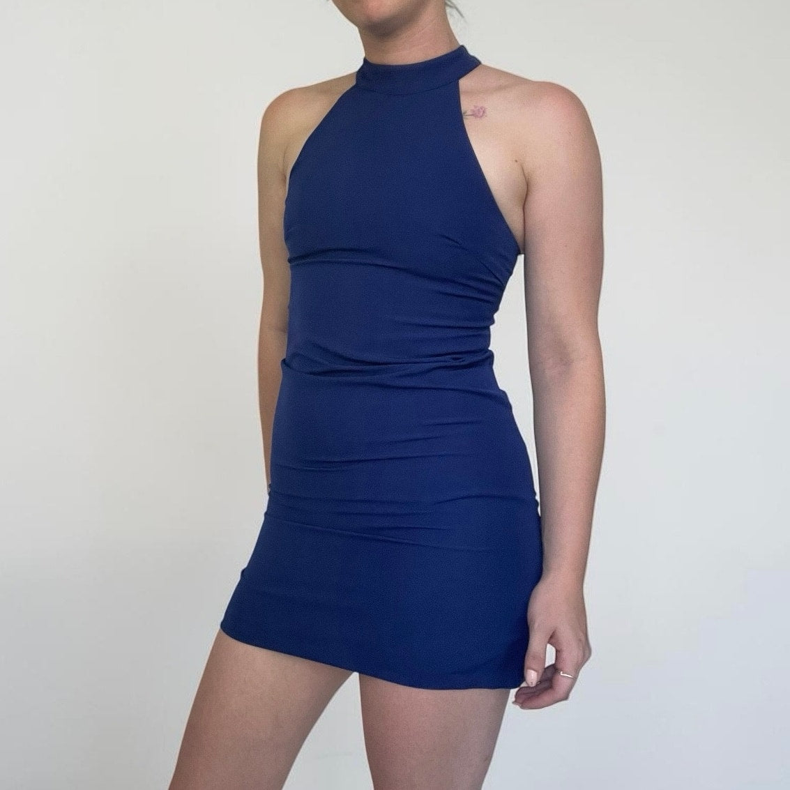 Lulu's Blue Lace Trim Open Back Halter Mini Dress