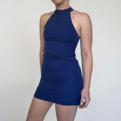 Lulu's Blue Lace Trim Open Back Halter Mini Dress