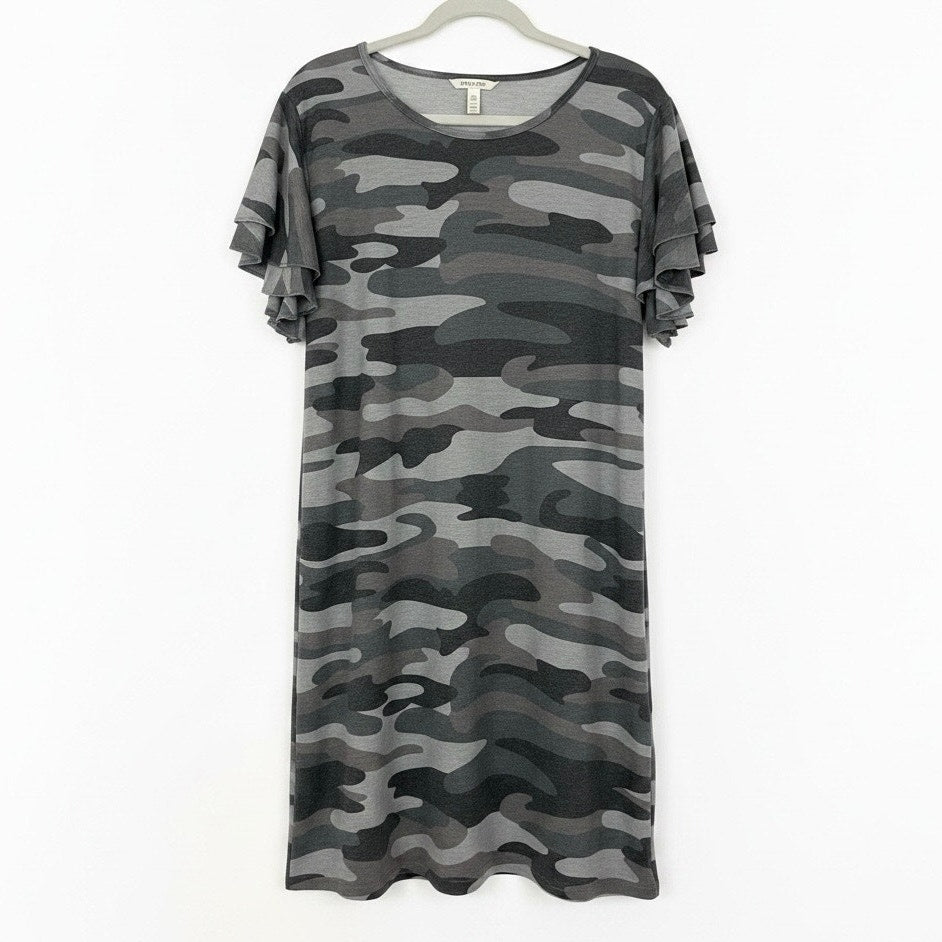 Grey Camouflage Print Tiered Flutter Sleeve T-Shirt Mini Dress
