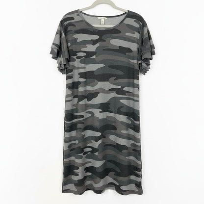 Grey Camouflage Print Tiered Flutter Sleeve T-Shirt Mini Dress