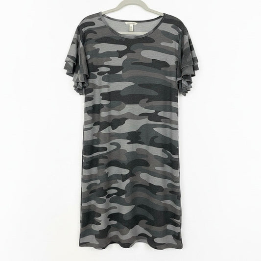 Grey Camouflage Print Tiered Flutter Sleeve T-Shirt Mini Dress