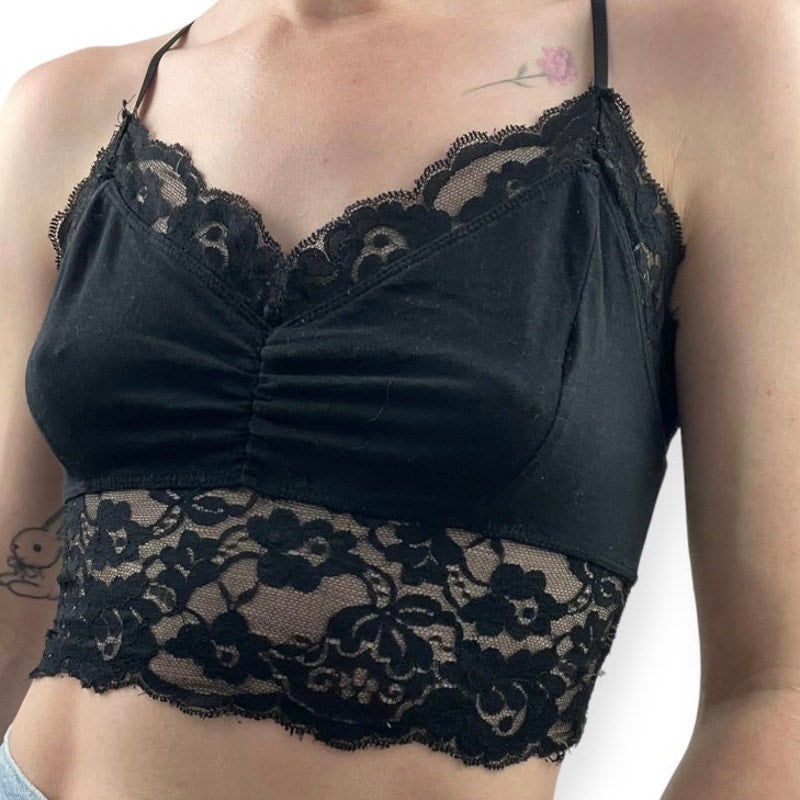 Black Lace Trim Cropped Cross Back Bralette Top