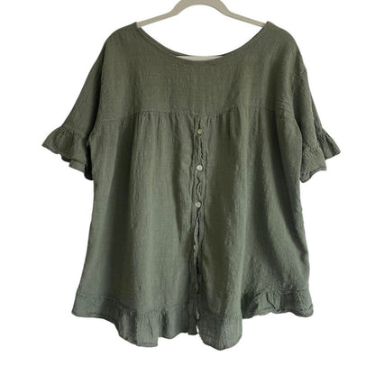 Diverse Olive Green Ruffle Trim Blouse