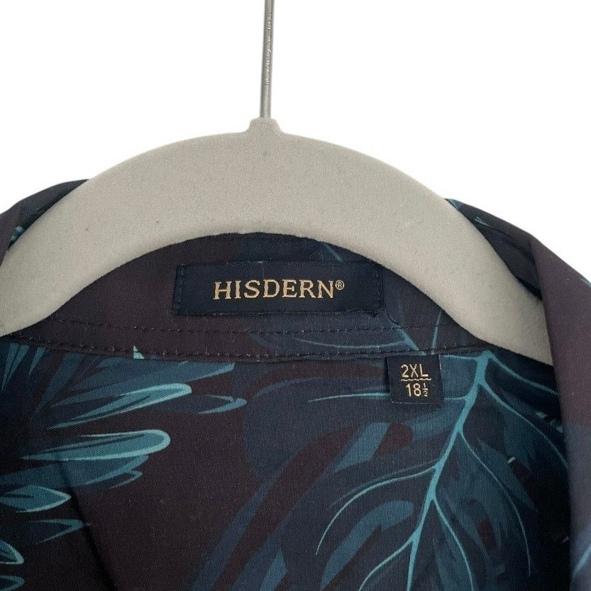 Hisdern Mens Navy Blue Tropical Button Down Shirt