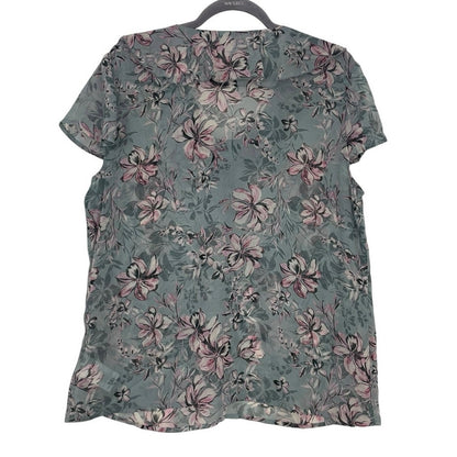 Sheer Grey & Pink Floral Ruffled V-Neck Blouse