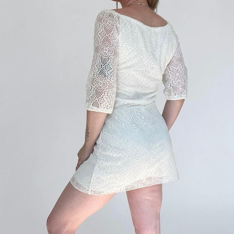 Delia's Sheer White Lace 3/4 Sleeve A-Line Mini Dress