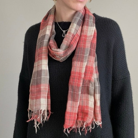 Red & Grey Soft Plaid Fringe Scarf