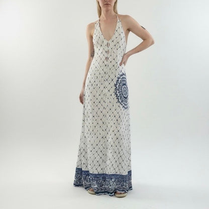 Desigual White & Blue Boho Halter Cross Open Back Side Slit Maxi Dress