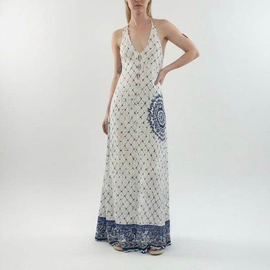 Desigual White & Blue Boho Halter Cross Open Back Side Slit Maxi Dress