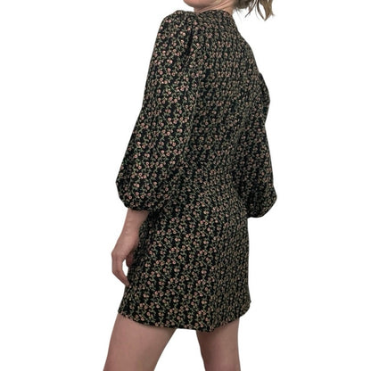 Topshop Black & Pink Floral Print Long Puff Sleeve Button Down Mini Dress