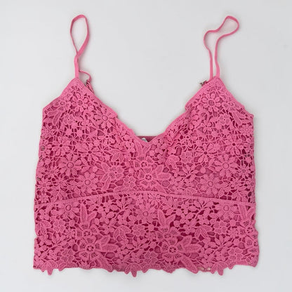 Stradivarius Pink Floral Lace Cropped Tank Top