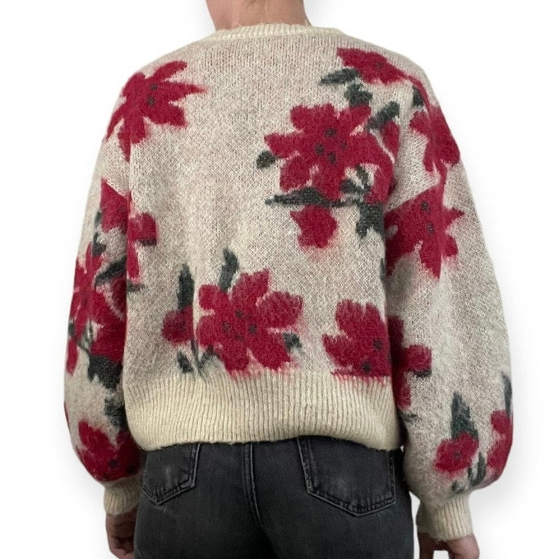 Zuiki Cream and Red Floral Knit Sweater