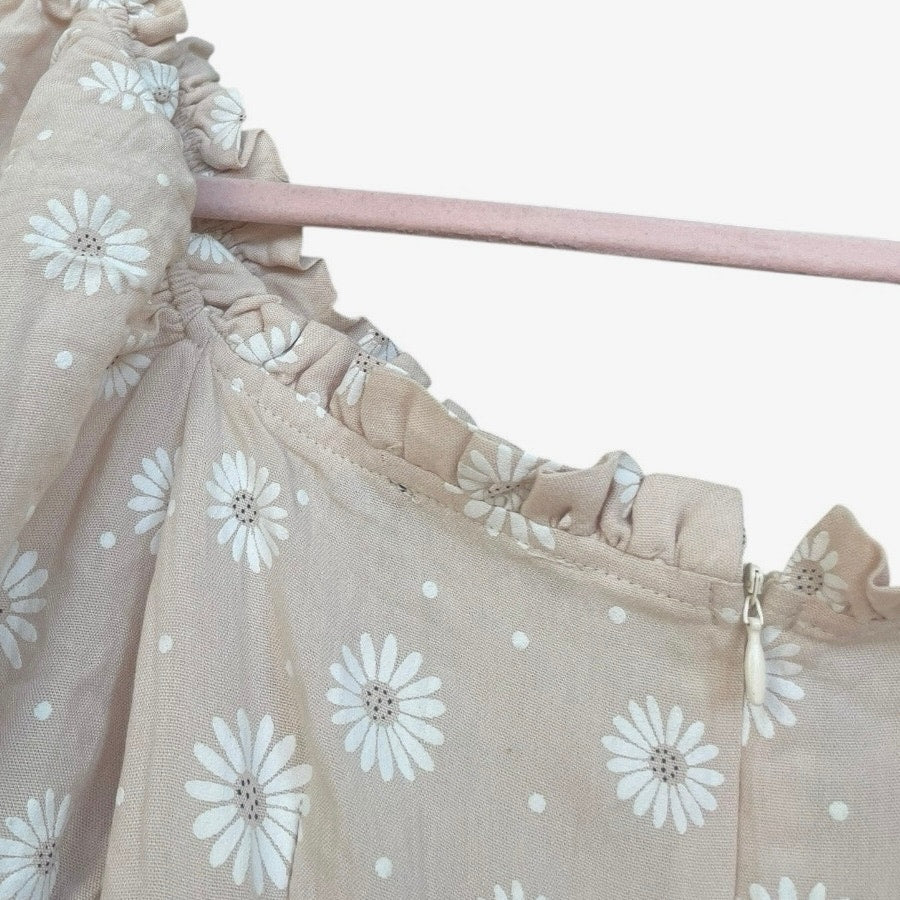 Nasty Gal Nude Floral Puff Sleeve Lace Up Front A-Line Mini Dress