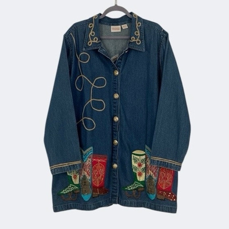 Roaman's Vintage Denim Western Boots Embroidered Button Down Jacket