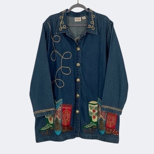 Roaman's Vintage Denim Western Boots Embroidered Button Down Jacket