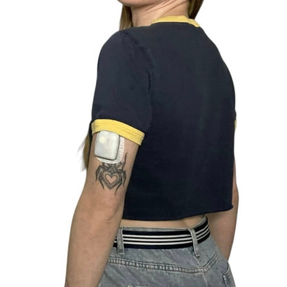 VANS Navy Blue & Yellow Floral Logo Ringer Cropped Top