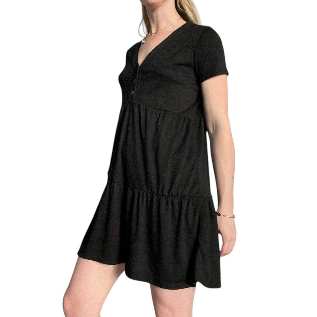 Knox Rose Black A-Line Tiered V-Neck Short Sleeve Mini Dress