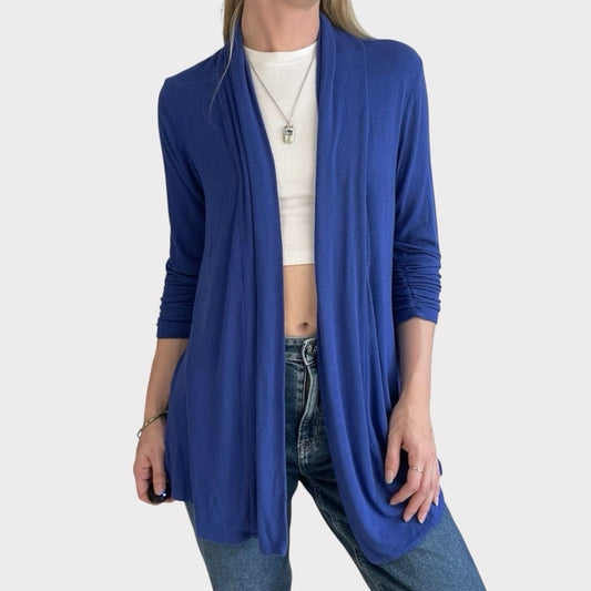 MOD Lusive Blue Cropped Cinched Sleeve Cardigan Sweater