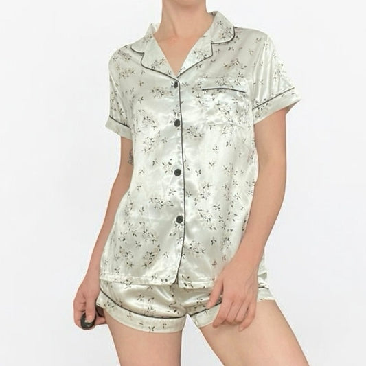 Silky Cream Floral Button Down Pajama Top & Mini Shorts Matching Set