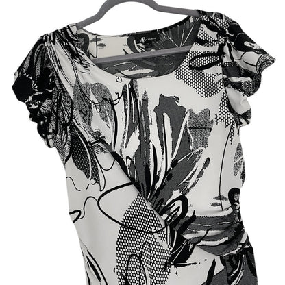 AB Studio Black and White Abstract Ruched Short Puff Sleeve Blouse
