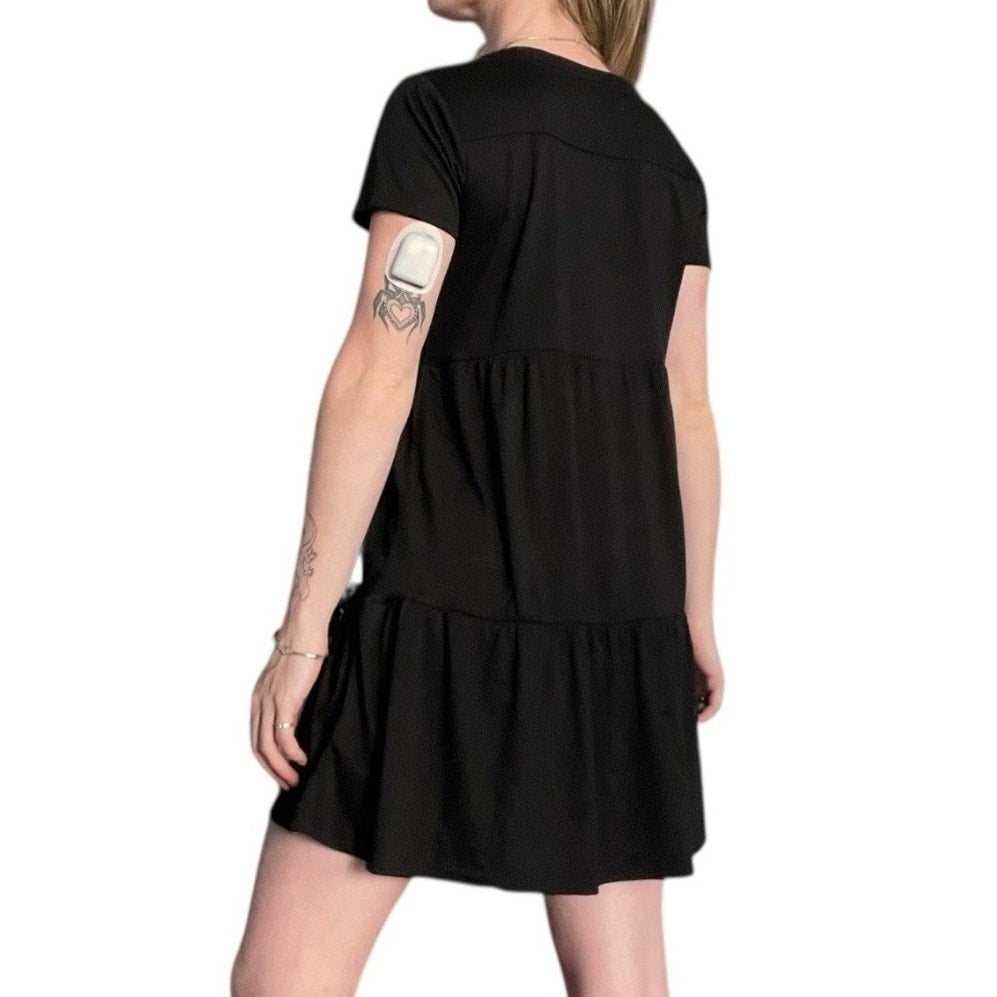 Knox Rose Black A-Line Tiered V-Neck Short Sleeve Mini Dress