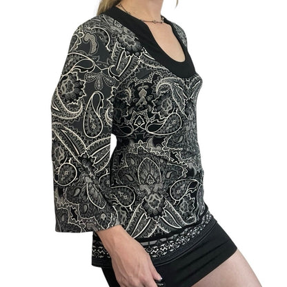 Apt. 9 Black & White Boho Paisley Long Bell Sleeve Blouse