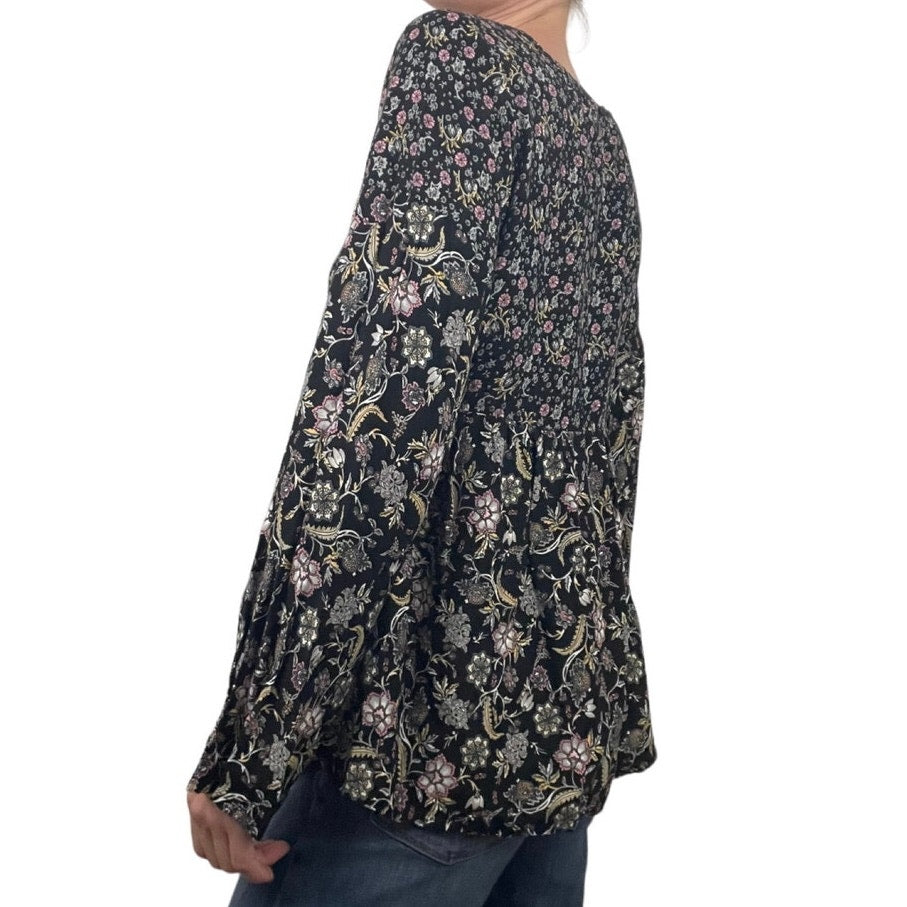 Lascana for Venus Black Floral Long Sleeve Billowy Blouse